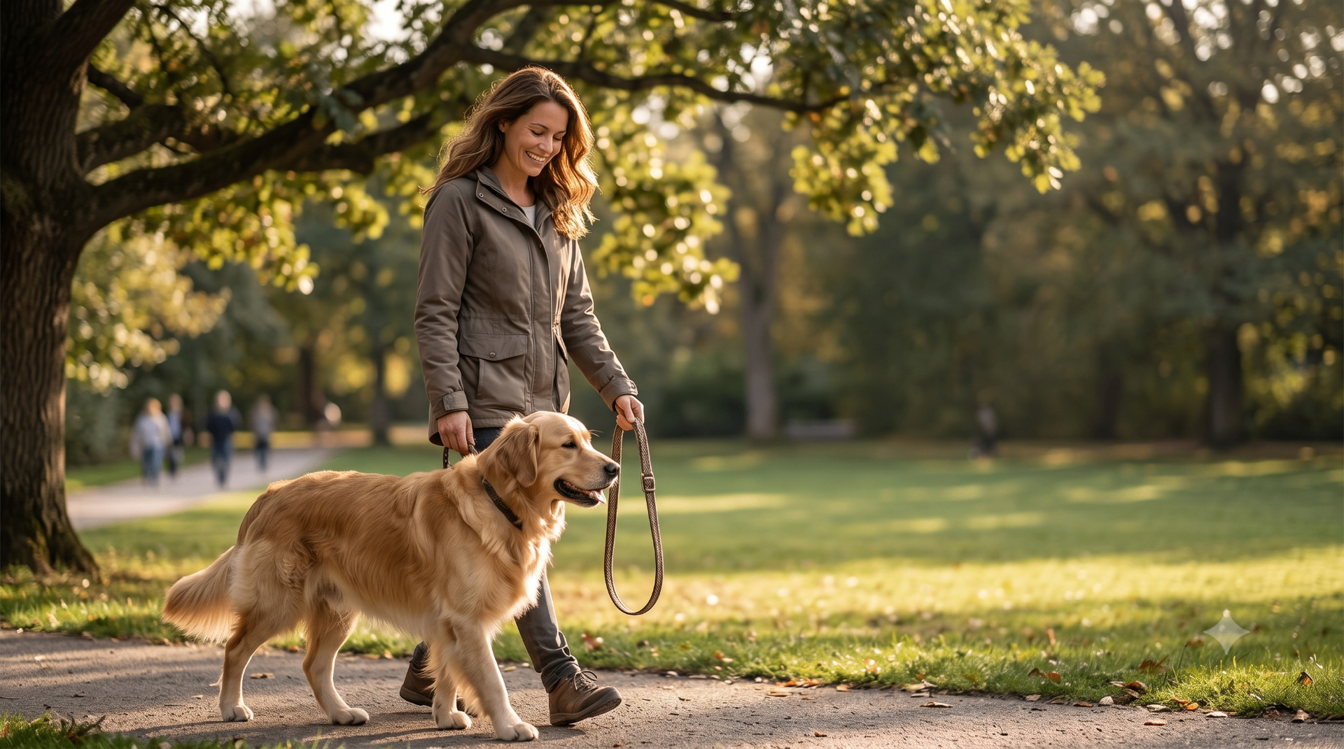 Hund zieht an der Leine – entspannte Leinenführigkeit als Ziel: Frau geht mit Golden Retriever an lockerer Leine im Park